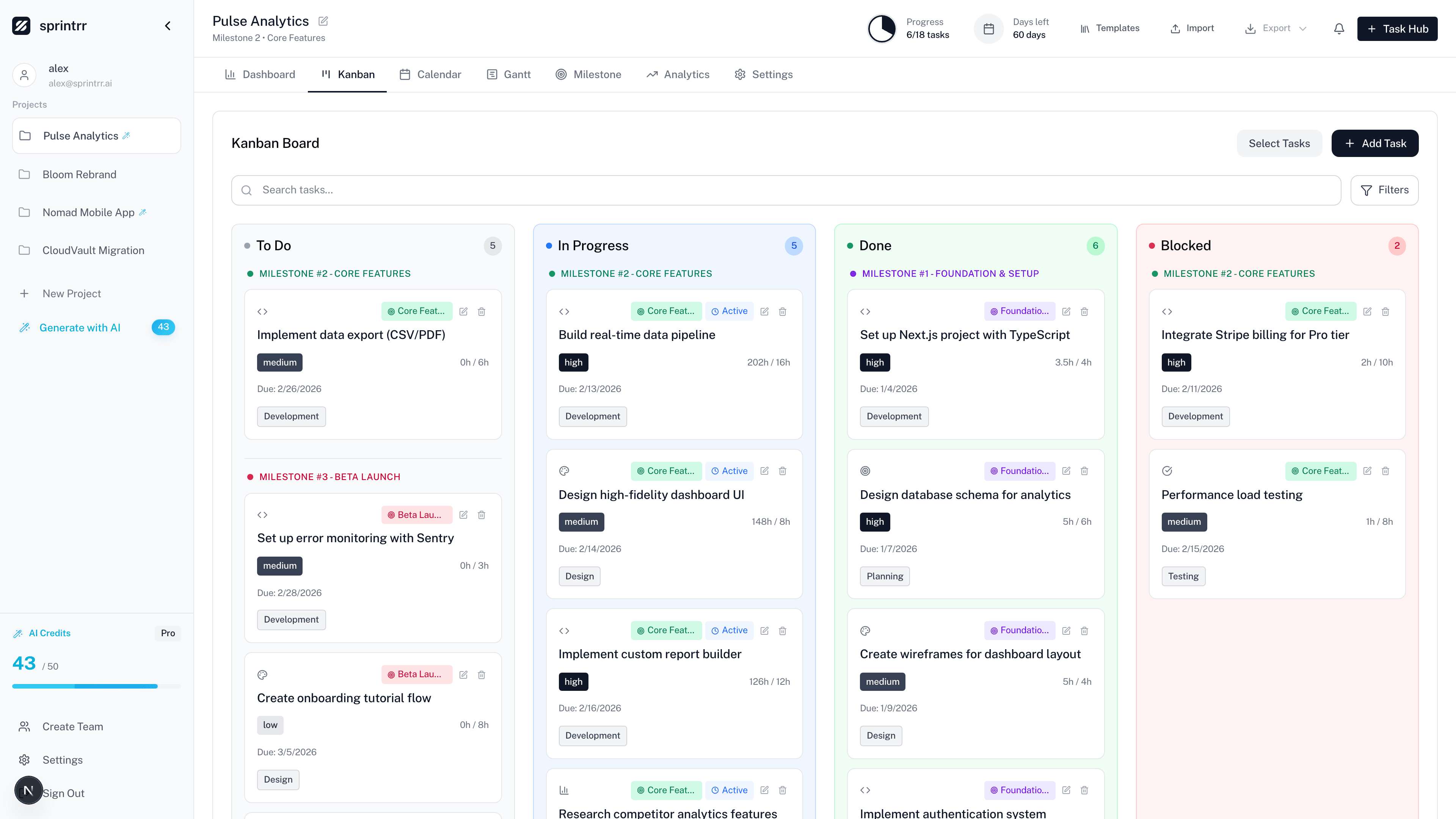 Kanban board with drag-and-drop task columns